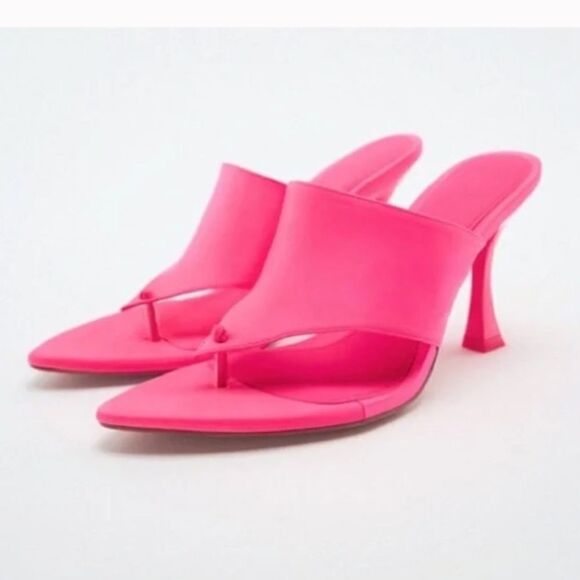 Zara Fuchsia Pink Satin Effect Pointed Toe High Heels Sandals Shoes - Picture 1 of 12